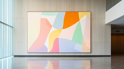 Modern Abstract Art Installation in Corporate Setting with Colorful Shapes and Soft Pastels