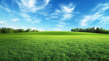 Obraz premium Serene Landscape Under a Vast Blue Sky. A Lush Green Field with Rolling Hills and a Majestic Sky. A Perfect Nature Escape.