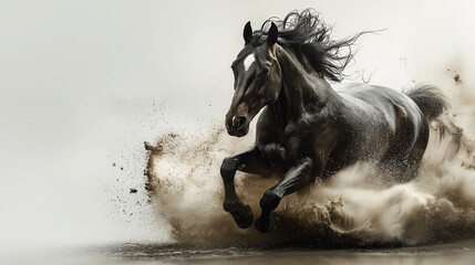 Black horse running and kicking up dust on beach