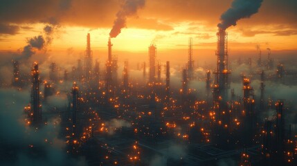 Industrial landscape at sunset with smoky skies and illuminated structures