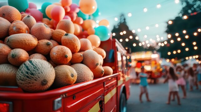 A vibrant image of a firetruck filled with melons surrounded by festival lights, capturing the atmosphere of joy and festivities, perfect for marketing and event promotions.