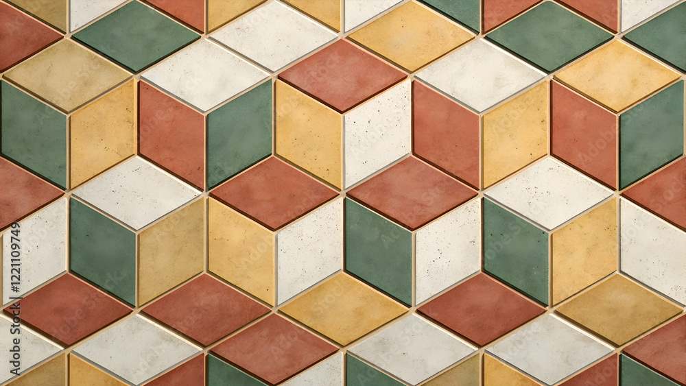 Poster a geometric abstract background with a pattern of interlocking cubes and hexagons in earthy colors.