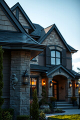 Luxury House Exterior at Dusk: Modern Stone Architecture and Landscaping