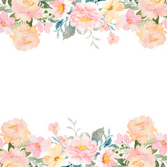 Watercolor flowers background for design. Floral border frame card template.