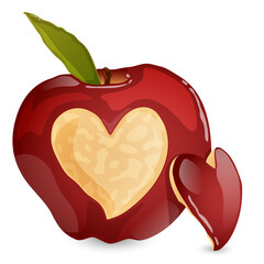 Apple with Heart Carved into it & Leaf. Romantic Fruit Illustration