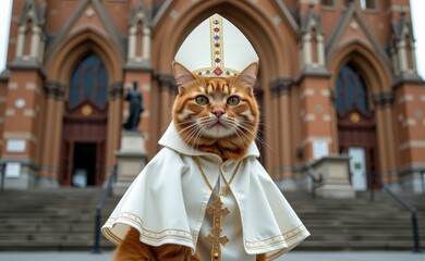 Obraz premium A regal cat dressed as a pope, complete with a white papal hat, cape, and a cross necklace, sitting on a sunny day.