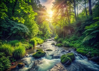 Obraz premium Vintage High Angle View of Serene Stream Flowing Through Lush Green Plants
