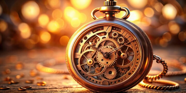 An antique pocket watch with intricate gears, set against a backdrop of soft, golden bokeh, evokes a sense of timeless elegance and the passage of time.
