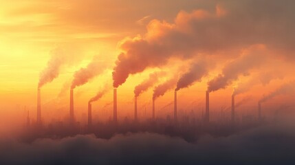 Obraz premium Industrial pollution emissions at sunset: environmental impact in urban areas