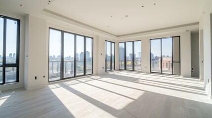 Fototapeta premium A completely bare apartment room with large windows and ample natural light.