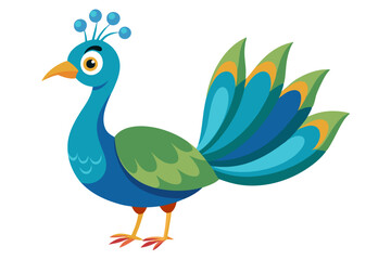 Beautiful Watercolor Vector of a Cartoon Peacock – Isolated, Colorful and Elegant Bird Illustration on White Background for Art, Design, Prints, and Digital Projects