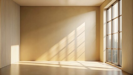 Obraz premium Sunlight streaming through a large window casts shadows on the wall and floor of an empty room, creating a bright and airy atmosphere.