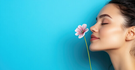 Woman enjoys fragrance of pink flower against blue background
