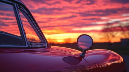 Vintage Red Car at Sunset - Breathtaking Scenic Drive