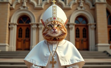 A regal cat dressed as a pope, complete with a white papal hat, cape, and a cross necklace, sitting on a sunny day.
