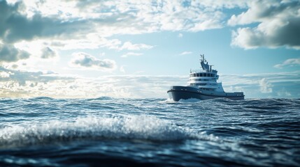 Obraz premium Majestic tugboat navigating choppy seas under cloudy skies at sunrise