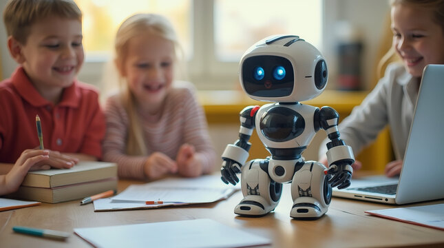 Interactive educational robot with glowing LED eyes on a study desk, children collaborating in STEM programming, bright natural classroom setting