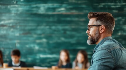 A focused male teacher engages with students while they participate in classroom activities, fostering a conducive learning environment for knowledge exchange.