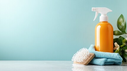 A vibrant display of orange cleaning spray with a soft blue towel and brush, showcasing an inviting approach to household upkeep and personal care.