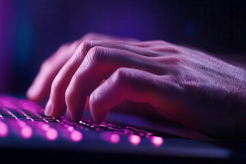 Hands typing on a futuristic keyboard, digital interface displaying statistical optimization, real-time data analysis