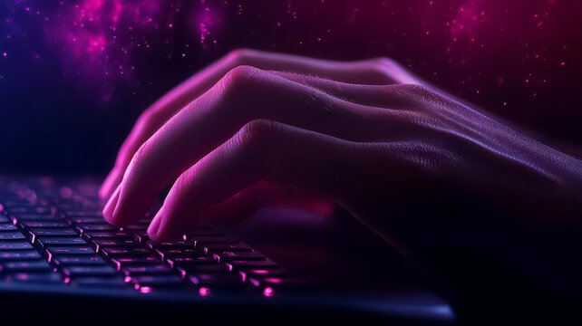 Hands typing on a futuristic keyboard, digital interface displaying statistical optimization, real-time data analysis