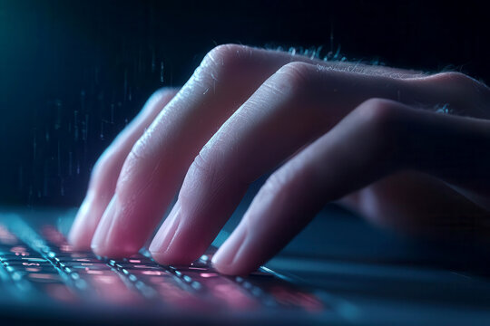 Hands typing on a futuristic keyboard, digital interface displaying statistical optimization, real-time data analysis