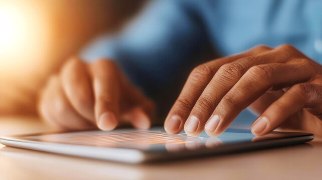 Hands working on a digital tablet showing statistical optimization graphs, real-time data analysis in progress