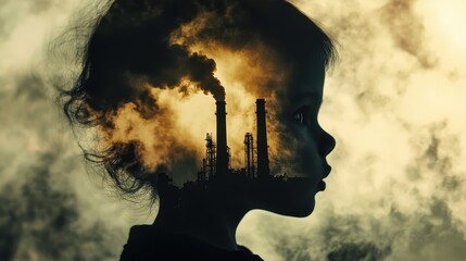 Industrial smoke forms eerie child face focus on details copy space bold contrast dramatic colors double exposure silhouette with smokestacks