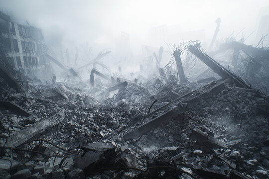 Urban devastation: a haunting landscape of rubble and twisted metal in a thick haze of smoke
