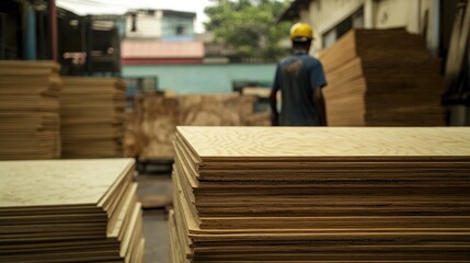 Obraz premium Stacks of plywood sheets in a wood factory setting