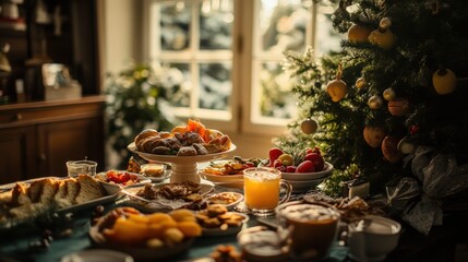 Fototapeta premium Festive Christmas Morning Breakfast Table Setting With Treats