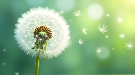 Obraz premium Fluffy Dandelion Seeds Floating on Green Background