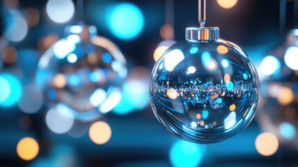 Fototapeta premium Close-up of glass Christmas ornaments with bokeh lights