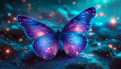vibrant butterfly cosmic wings iridescent blue and purple nebula background