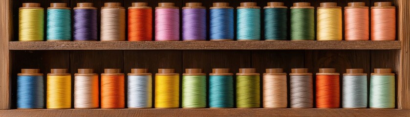A colorful display of neatly organized spools of thread arranged on a shelf, showcasing a variety of hues and textures.