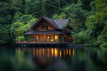 Fototapeta premium Stunning wooden house on the water surrounded by lush greenery in a serene natural setting during twilight hours
