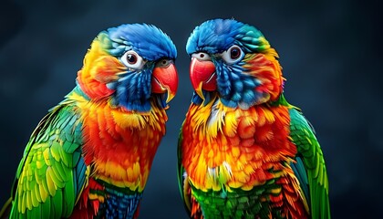 Fototapeta premium two parrots on a iridescent feathers close-up rich jewel tones vivid orange and blue faces with black background
