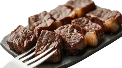 Savor the Perfection: A close-up shot captures the rich textures of succulent, perfectly cooked steak, artfully arranged on a slate, ready to delight the senses