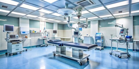 Operating room with medical equipment, patient bed, anesthesia machine