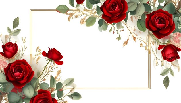 Elegant floral border red roses gold geometric frame eucalyptus leaves romantic composition white background, anniversary, elegance, glitter, horizontal, invitation, liquid, panoramic, poster, romance