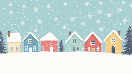 A picturesque neighborhood adorned with snow, perfect for holiday themes.