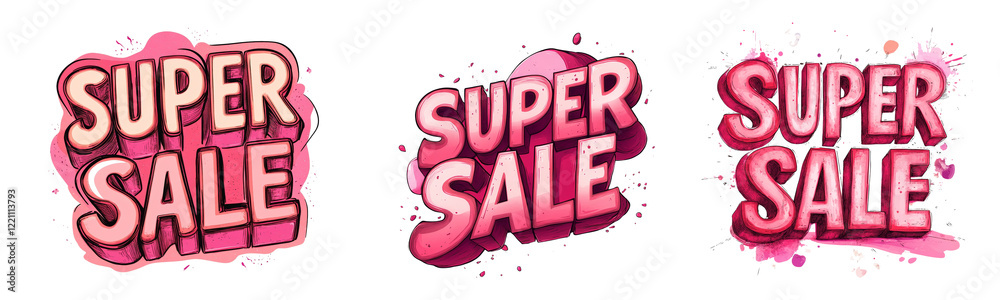 Poster the image shows three variations of a stylized super sale advertisement with pink three-dimensional 