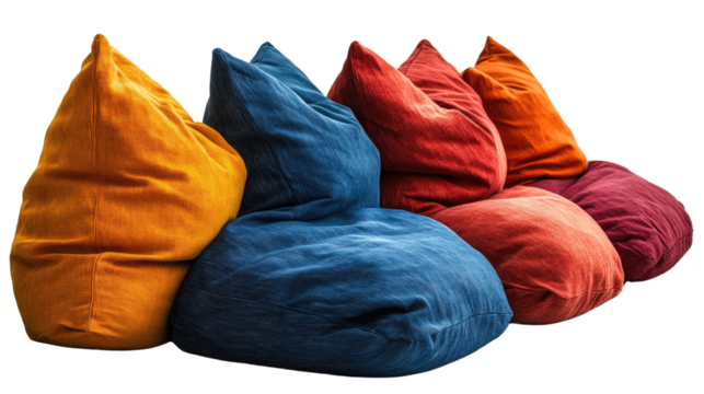 Cozy Comforts: A vibrant array of beanbag chairs in various colors create a casual and inviting seating arrangement, perfect for relaxation and informal settings. 