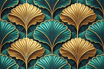 Elegant Art Deco Pattern with Gold and Teal Fans