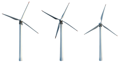 Wind Turbine Trio: Three towering wind turbines stand tall, blades gracefully turning against a clear, sunny backdrop, symbolizing sustainable energy and environmental stewardship.