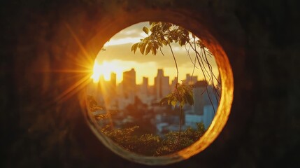 Fototapeta premium Keyhole view of sunlit cityscape.