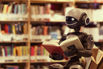 Fototapeta premium A robot is sitting on a chair in a library, reading a book. Concept of technology in education.