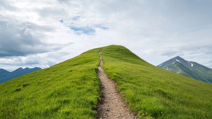 Naklejka premium Steep Mountain Trail Leading Through Lush Green Grass Under a Dramatic Sky