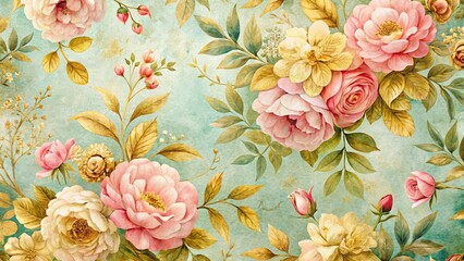 Vintage Pastel Floral Pattern with Gold Accents: Elegant Botanical Stock Photo