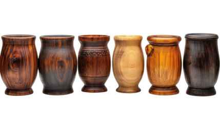 Wooden Vases Array: A harmonious ensemble of handcrafted wooden vases, each showcasing unique wood grains and textures, arranged in a captivating display of rustic elegance.